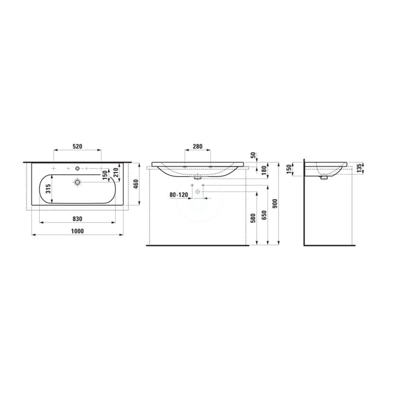Laufen Dvojumývadlo nábytkové 100x46 cm, s prepadom, 3 otvory na batériu, biela H8160890001081