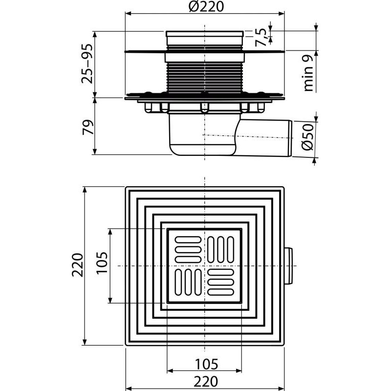 Alcaplast Podlahová vpusť 105×105/50 mm bočná, mriežka nerez, nerezová príruba a límec 2. úrovne izolácie, kombinovan