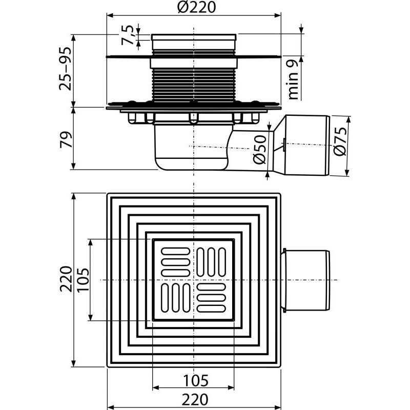 Alcaplast Podlahová vpusť 105×105/50/75 mm bočná, mriežka nerez, nerezová príruba a límec 2. úrovne izolácie, vodná 