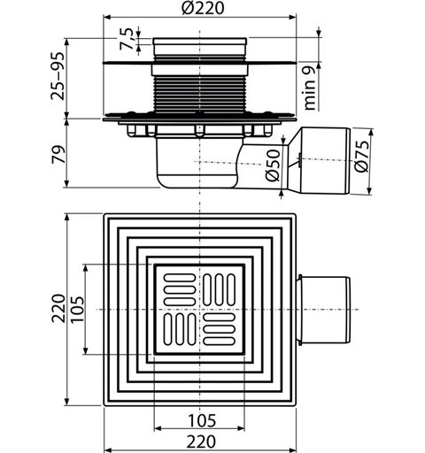 Alcaplast Podlahová vpusť 105×105/50/75 mm bočná, mriežka nerez, nerezová príruba a límec 2. úrovne izolácie, vodná 