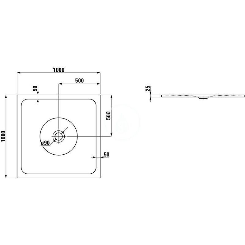 Laufen Sprchová vanička, 1000 mm x 1000 mm, oceľ/smalt 3,5 mm – s protihlukovými podložkami, biela H2150720000401
