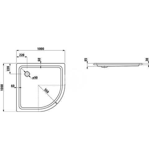 Laufen Sprchová vanička štvrťkruh, 1000 mm x 1000 mm – s protihlukovými podložkami, biela H2150190000401
