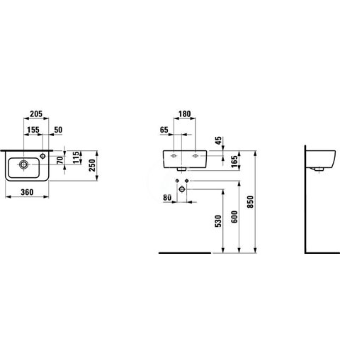 Laufen Umývadielko, 360 mm x 250 mm, 1 otvor na batériu vpravo, s LCC, biela H8169554001061