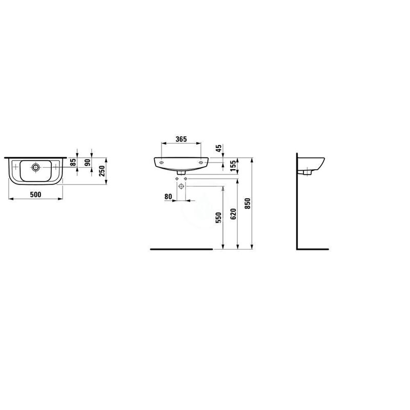 Laufen Umývadielko, 500 mm x 250 mm, 1 otvor na batériu vpravo, s LCC, biela H8169574001061