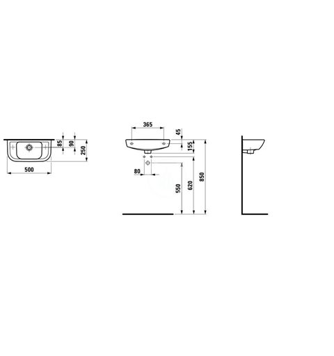 Laufen Umývadielko, 500 mm x 250 mm, 1 otvor na batériu vpravo, s LCC, biela H8169574001061