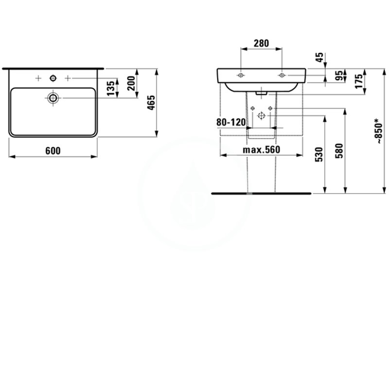Laufen Umývadlo, 600 mm x 465 mm, 1 otvor na batériu, s LCC, biela H8109634001041