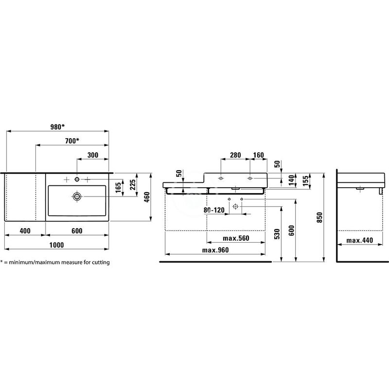 Laufen Umývadlo do nábytku, 1000 mm x 460 mm, biela – 1 otvor na batériu, stredový H8184310001041