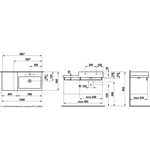 Laufen Umývadlo do nábytku, 1000 mm x 460 mm, biela – 1 otvor na batériu, stredový H8184310001041
