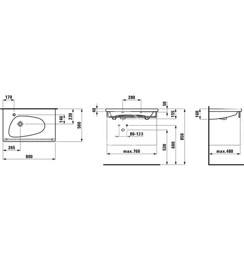 Laufen Umývadlo, 800 mm x 500 mm, biela – 1 otvor na batériu, stredový, s LCC H8148044001041
