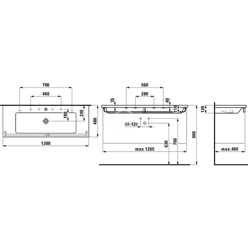 Laufen Dvojumývadlo do nábytku, 1300 mm x 480 mm, biela – s 3 otvormi na batériu H8164360001081