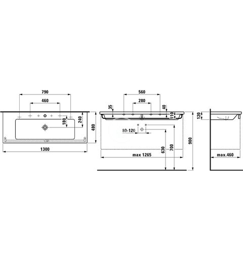Laufen Dvojumývadlo do nábytku, 1300 mm x 480 mm, biela – s 3 otvormi na batériu H8164360001081