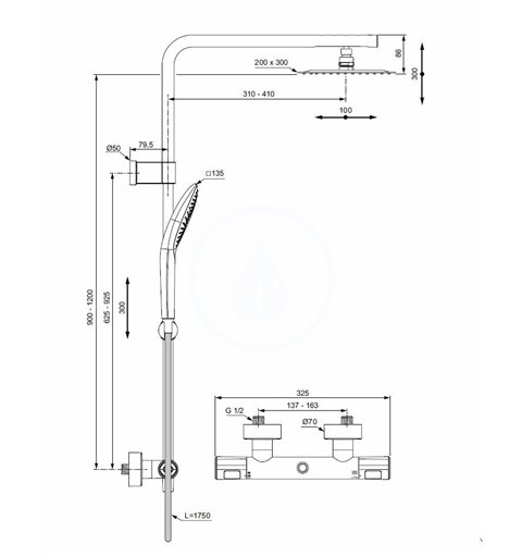 Ideal Standard Sprchový set s termostatom, 300x200 mm, 3 prúdy, chróm A7705AA
