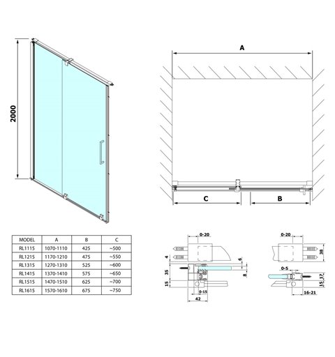 Polysan ROLLS LINE sprchové dvere 1100mm, výška 2000mm, číre sklo