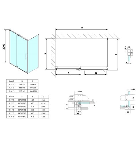 Polysan ROLLS LINE obdĺžniková sprchová zástena 1100x900 mm, L/P varianta, číre sklo
