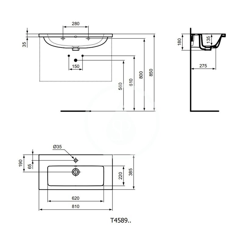 Ideal Standard Umývadlo nábytkové 810x385x180 mm, s prepadom, otvor na batériu, biela T458901