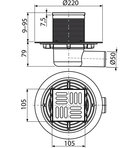 Alcaplast Podlahová vpusť 105×105/50 mm bočná, mriežka nerez, vodná zápachová uzávera APV1311