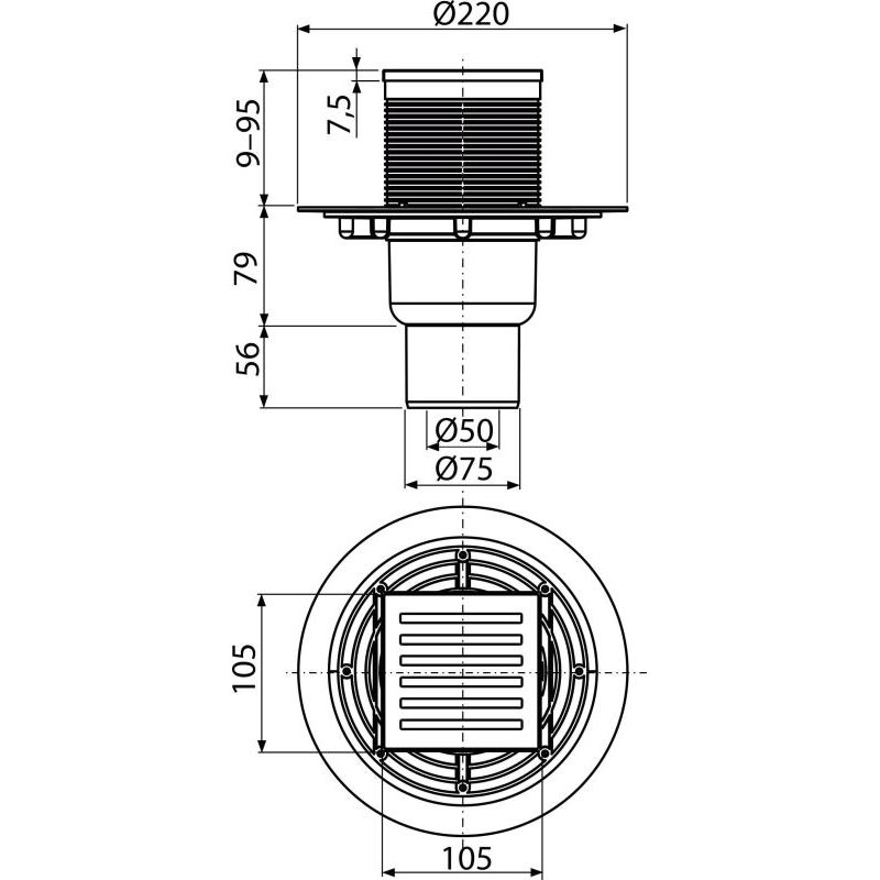 Alcaplast Podlahová vpusť 105×105/50/75 mm priama, mriežka nerez, vodná zápachová uzávera APV203