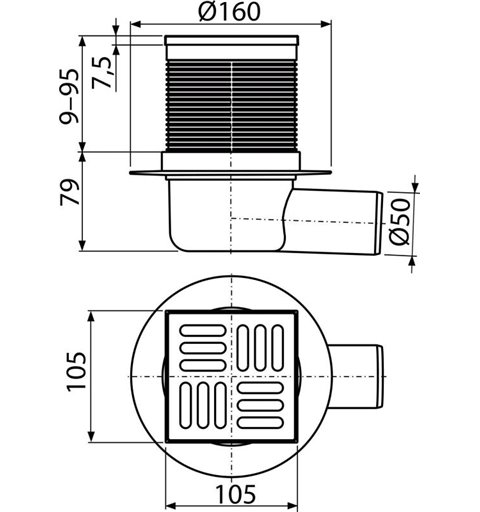 Alcaplast Podlahová vpusť 105×105/50 mm bočná, mriežka nerez, kombinovaná zápachová uzávera SMART APV31