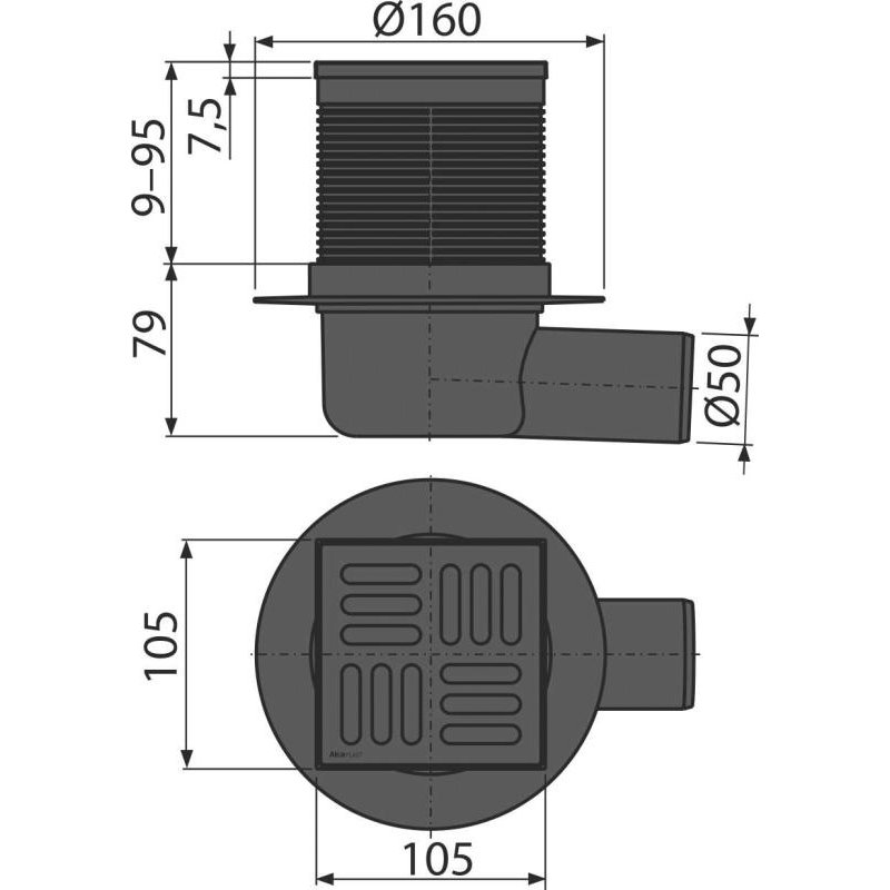Alcaplast Podlahová vpusť 105×105/50 mm bočná, mriežka nerez čierna-mat, kombinovaná zápachová uzávera SMART APV31BLACK