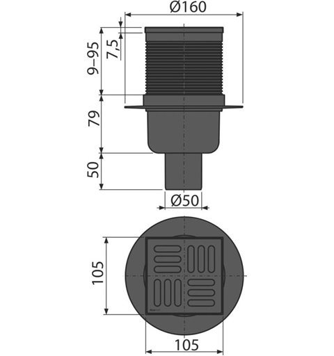 Alcaplast Podlahová vpusť 105×105/50 mm priama, mriežka nerez čierna-mat, kombinovaná zápachová uzávera SMART APV32BLACK