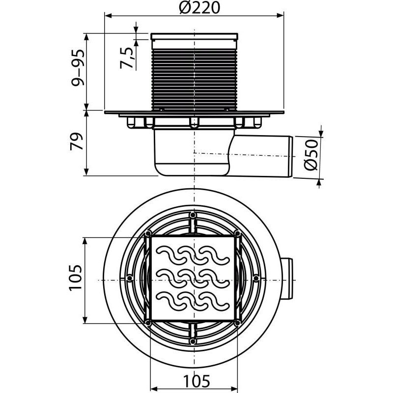 Alcaplast Podlahová vpusť 105×105/50 mm bočná, mriežka nerez, vodná zápachová uzávera APV102