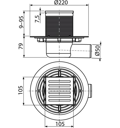 Alcaplast Podlahová vpusť 105×105/50 mm bočná, mriežka nerez, vodná zápachová uzávera APV103