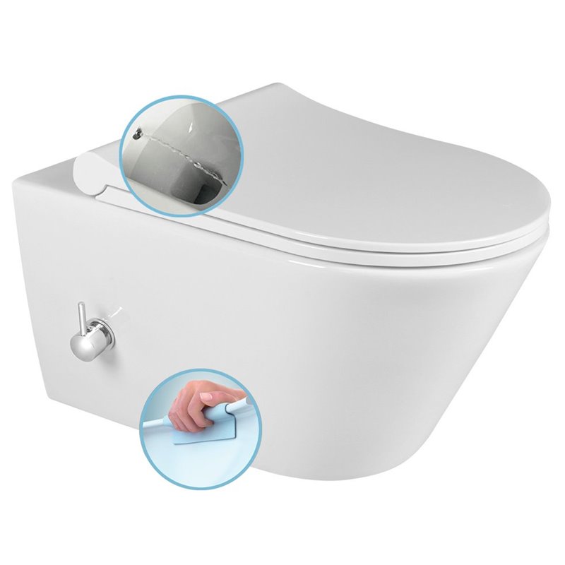 Sapho AVVA PORTO závesná WC misa Rimless, integrovaná batéria a bidetová spŕška 35,5x53 cm, biela 100315 100315