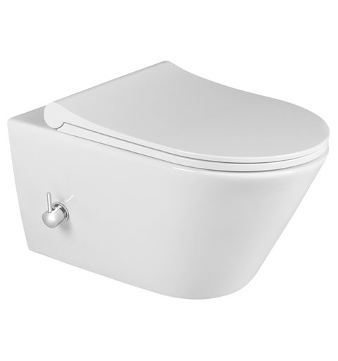 Sapho AVVA PORTO závesná WC misa Rimless, integrovaná batéria a bidetová spŕška 35,5x53 cm, biela 100315 100315