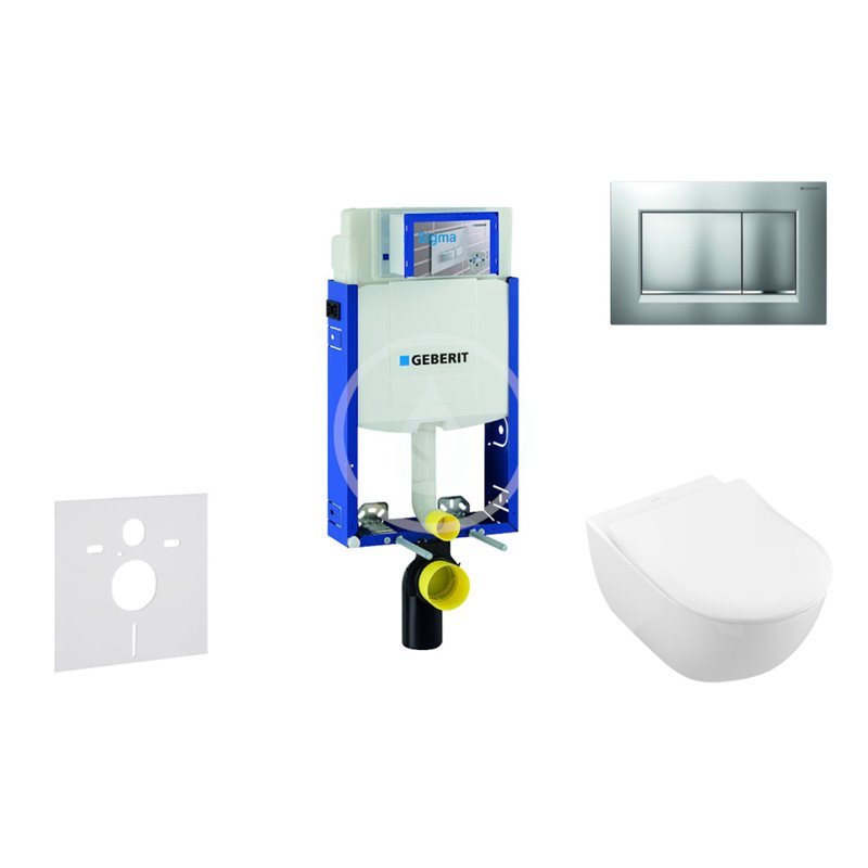 Geberit Modul na závesné WC s tlačidlom Sigma30, matný chróm/chróm + Villeroy Boch - WC a doska, DirectFlush, SoftClose, Ceramic