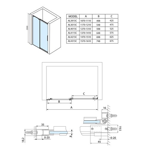 Polysan ALTIS LINE sprchové dvere  1170-1210mm,  výška 2000mm, sklo 8mm AL3015C