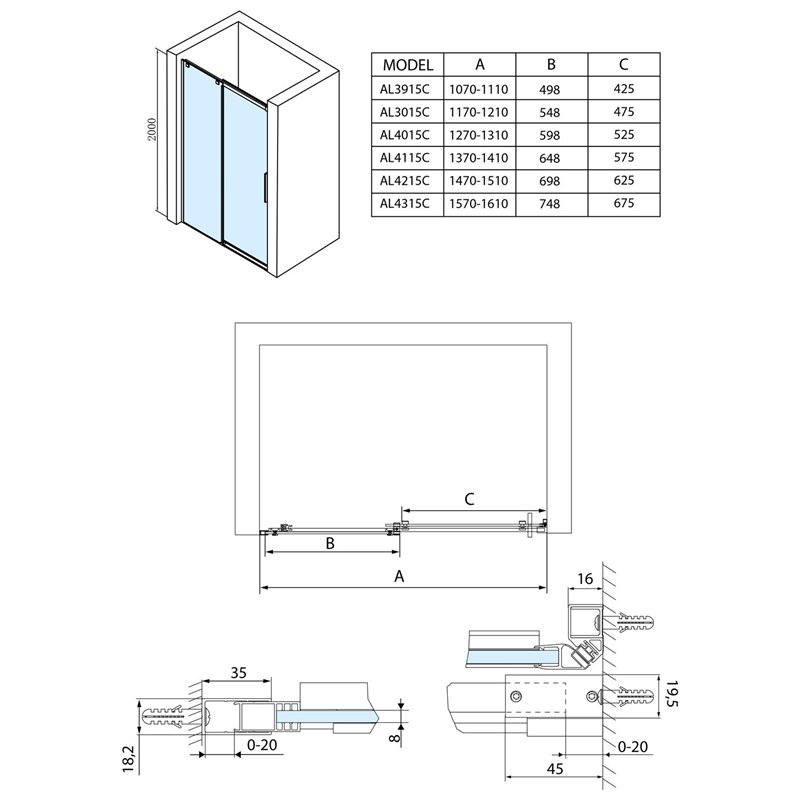 Polysan ALTIS LINE sprchové dvere  1470-1510mm,  výška 2000mm, sklo 8mm AL4215C