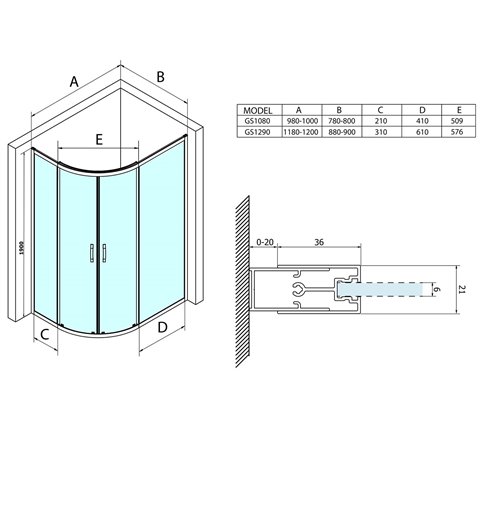 Gelco SIGMA SIMPLY štvrťkruhová sprchová zástena 1000x800mm, R550, číre sklo GS1080