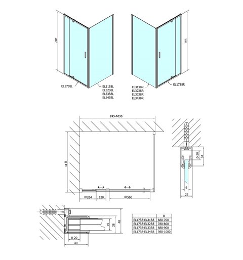 Polysan Easy Line obdĺžniková/štvorcová sprchová zástena pivot dvere 900-1000x900mm L/P,brick sklo EL1738EL3338