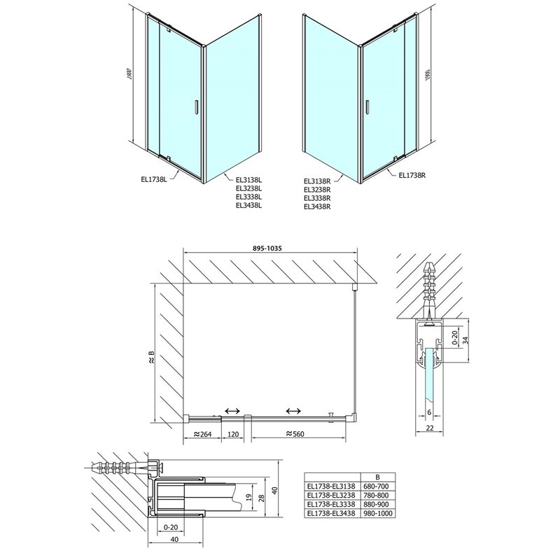Polysan Easy Line obdĺžniková/štvorcová sprchová zástena pivot dvere 900-1000x1000mm L/P,brick sklo EL1738EL3438
