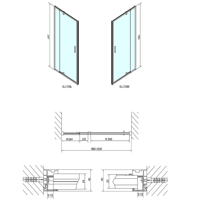 Polysan EASY LINE otočné sprchové dvere 880-1020mm, sklo BRICK EL1738