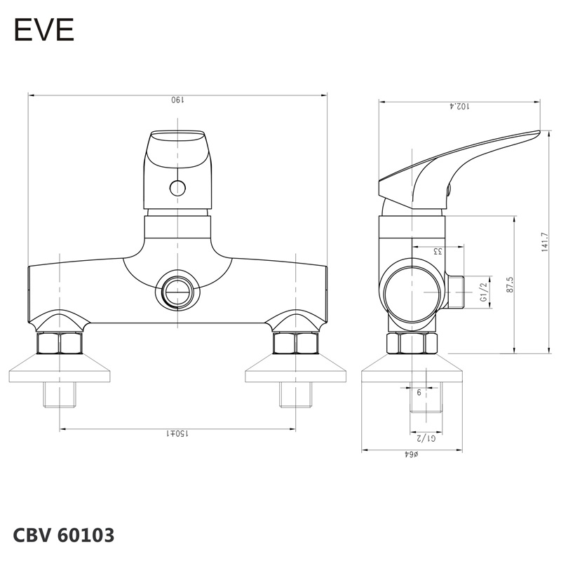 Mereo Sprchová nástenná batéria, Eve, bez príslušenstva, 150 mm, chróm CBV60103