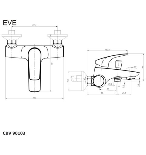 Mereo Vaňová nástenná batéria, Eve, bez príslušenstva, 150 mm, chróm CBV90103