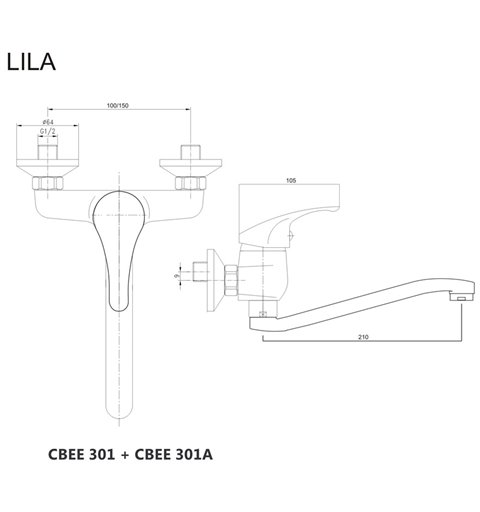 Mereo Drezová nástenná batéria, Lila, 150 mm, s ramienkom plochým vyhnutým 210 mm, chróm CBEE301