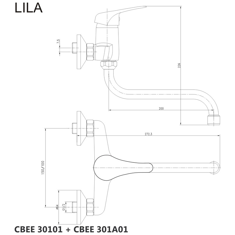 Mereo Drezová nástenná batéria, Lila, 150 mm, s ramienkom rúrkovým ø 18 mm - 200 mm, chróm CBEE30101
