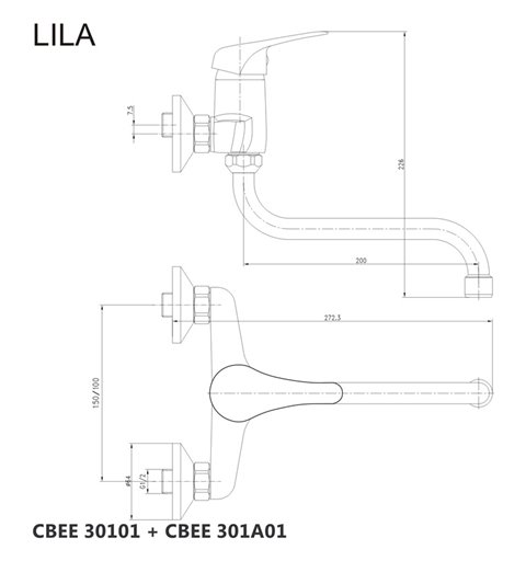 Mereo Drezová nástenná batéria, Lila, 150 mm, s ramienkom rúrkovým ø 18 mm - 200 mm, chróm CBEE30101