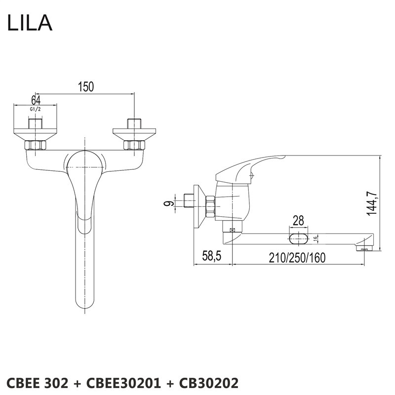 Mereo Drezová nástenná batéria, Lila, 150 mm, s ramienkom plochým rovným 250 mm, chróm CBEE30201