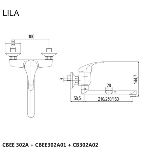 Mereo Drezová nástenná batéria, Lila, 100 mm, s ramienkom plochým rovným 210 mm, chróm CBEE302A