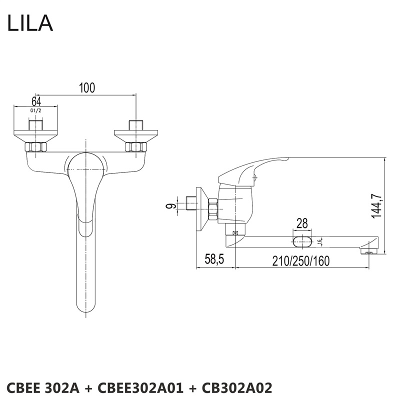 Mereo Drezová nástenná batéria, Lila, 100 mm, s ramienkom plochým rovným 160 mm, chróm CBEE302A02