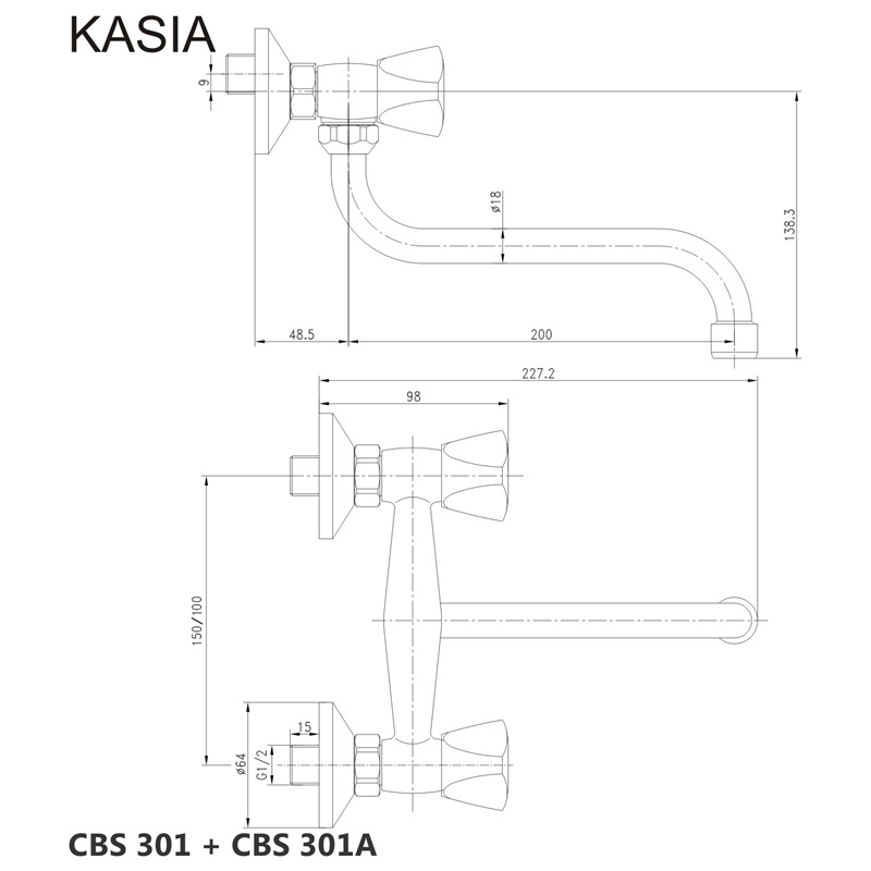 Mereo Drezová nástenná batéria, Kasia, 100 mm, s ramienkom rúrkovým ø 18 mm - 200 mm, chróm CBS301A