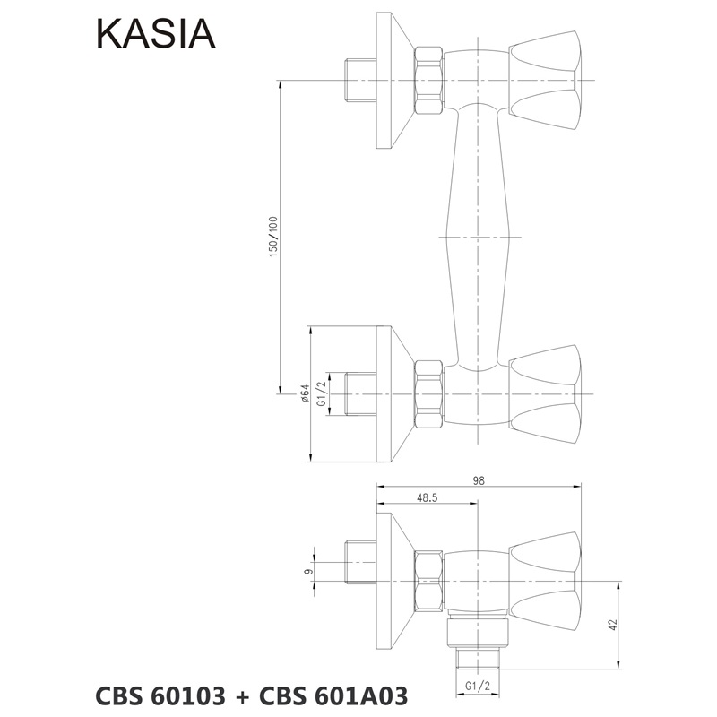Mereo Sprchová nástenná batéria, Kasia, 150 mm, bez príslušenstva, chróm CBS60103