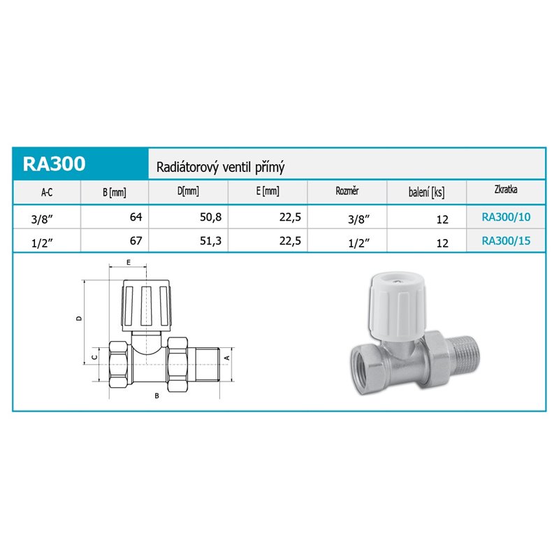 Novaservis Inštalatérsky program - Radiátorový ventil priamy 3/8" RA300/10
