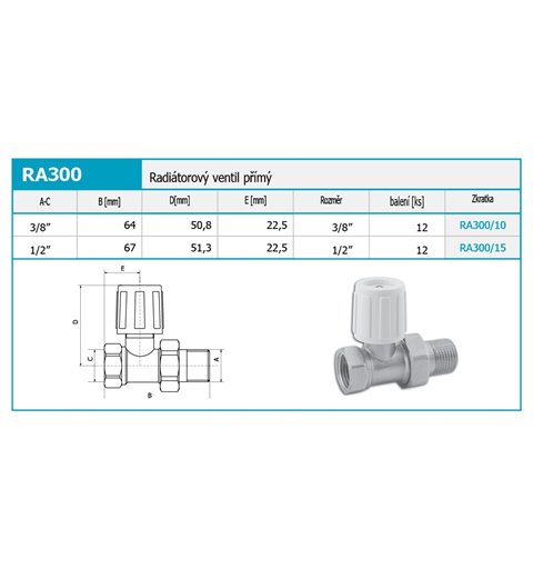 Novaservis Inštalatérsky program - Radiátorový ventil priamy 3/8" RA300/10