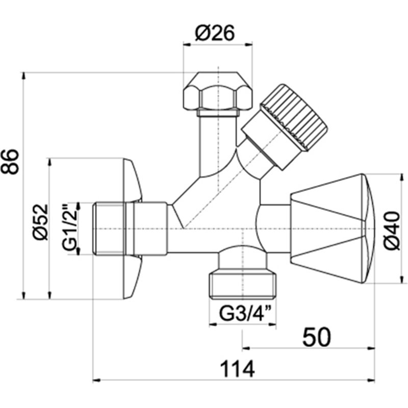 NOVASERVIS Kombinovaný roháčik s ventilom pre práčku 3/4"x1/2"x3/4" CF5104