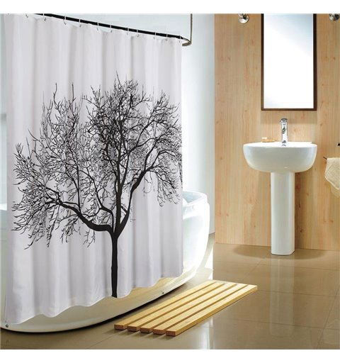 AQUALINE Sprchový záves 180x200cm, polyester, čierna/biela, strom ZP008