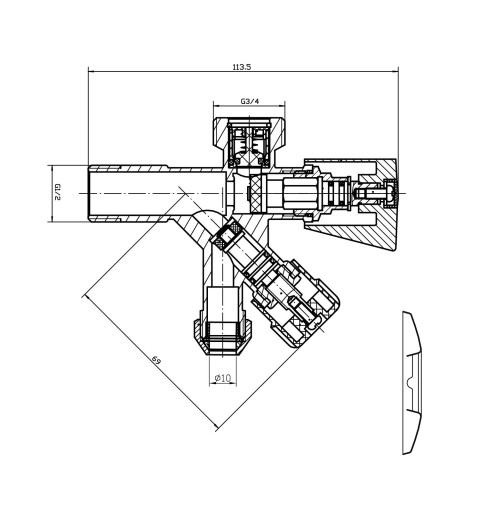 AQUALINE Rohový ventil pračkoroháčik so spätným ventilom 3/8"x3/4"x1/2", chróm 5309